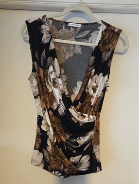 Calvin Klein Floral Draped Sleeveless Top - Black & Brown Floral